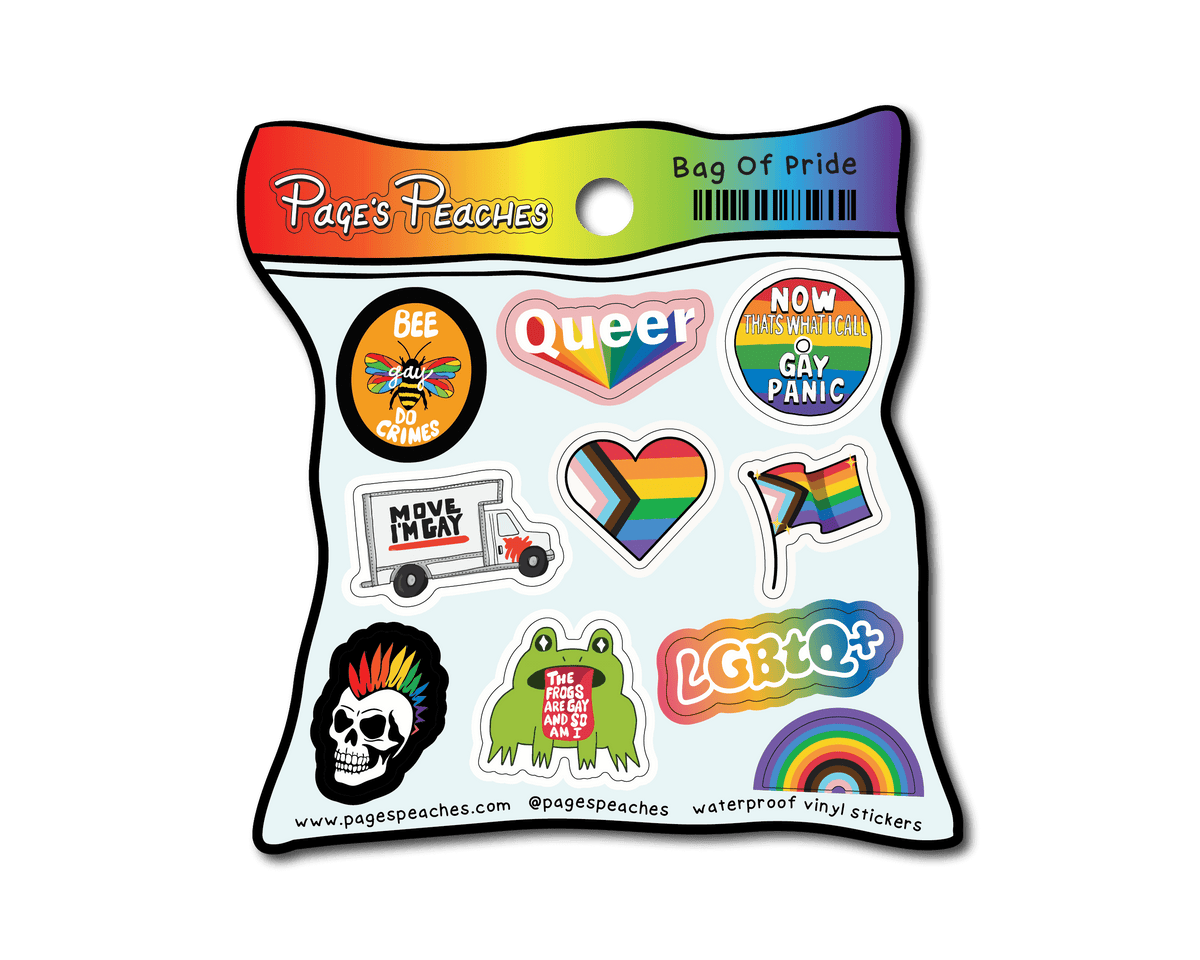 a collection of stickers with various LGBTQ+ and pride-related themes, including a bee, a heart, a rainbow flag, and a skull.