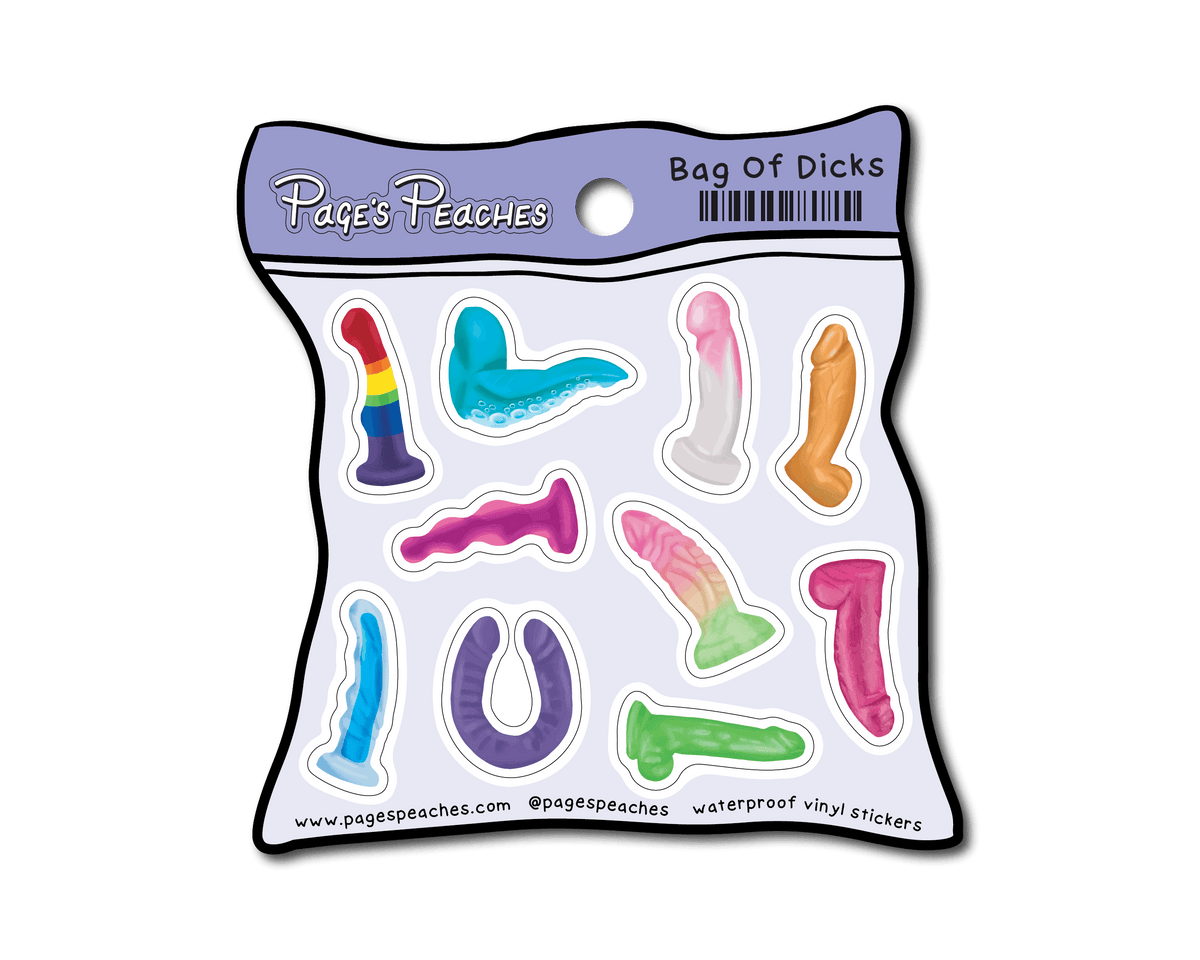 A package of colorful stickers featuring various sexual object images, including a rainbow-colored object, a blue and white object, and other provocative items.