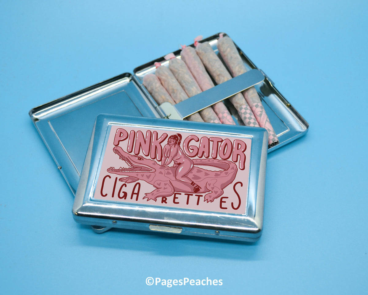 a tin of pink gator cigarettes on a blue background