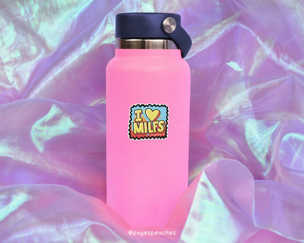 A pink water bottle with a sticker that says &quot;I ♥ MILES&quot; on it, placed on a purple fabric background.