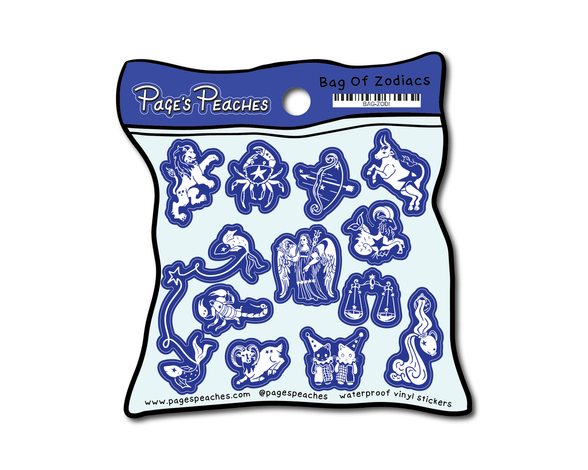 A package of zodiac stickers from Page's Peaches, featuring various animal and character designs.