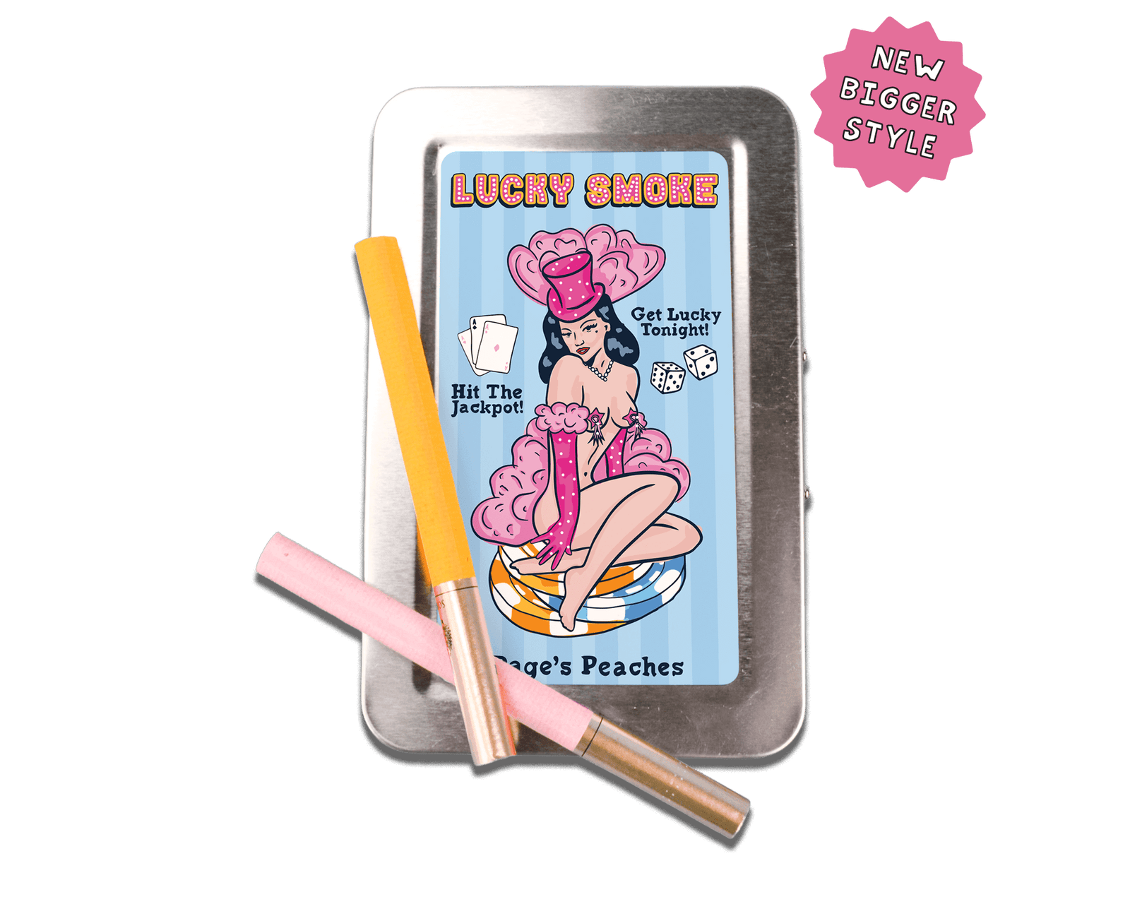 a tin of lucky chops next to a pencil