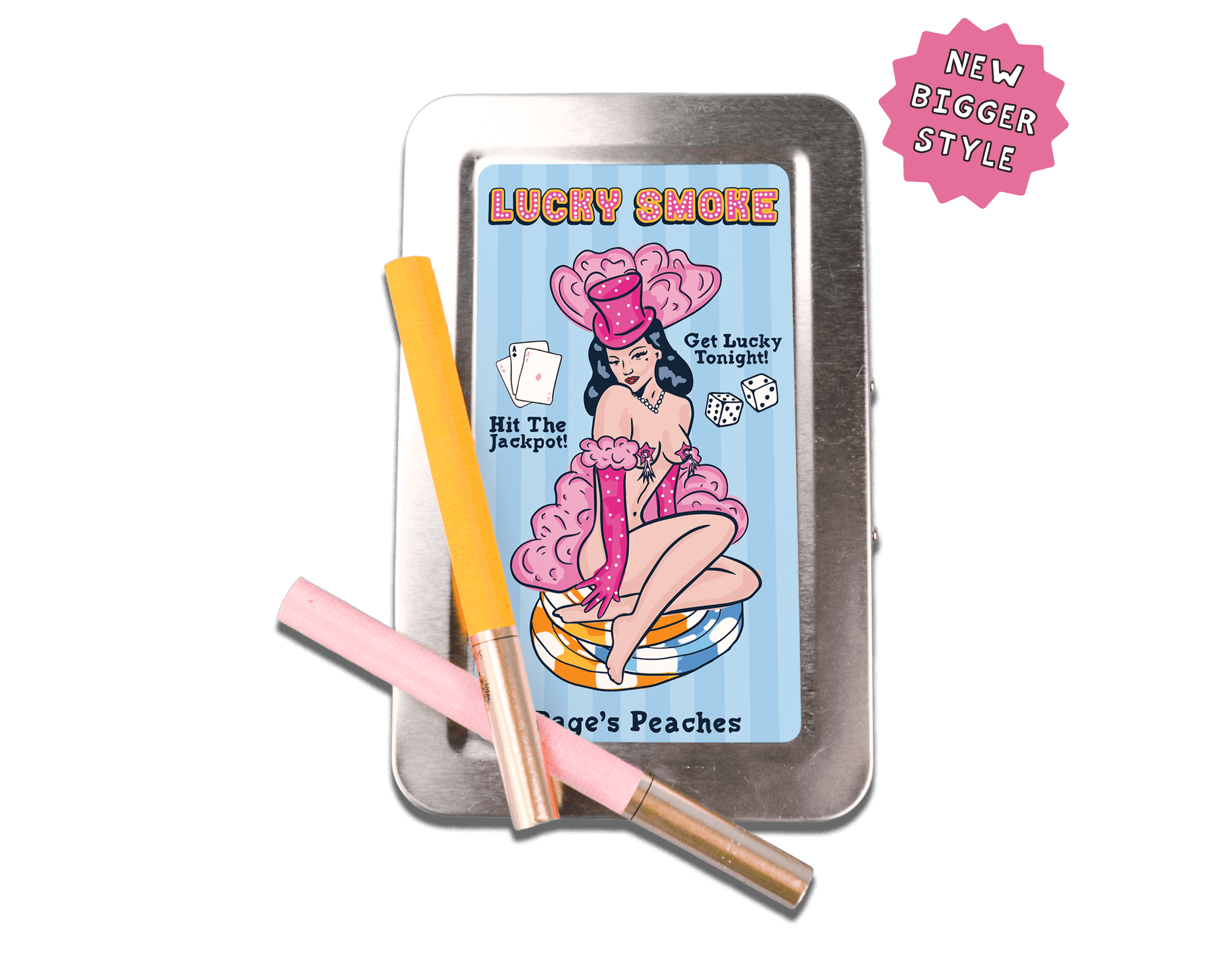 a tin of lucky chops next to a pencil