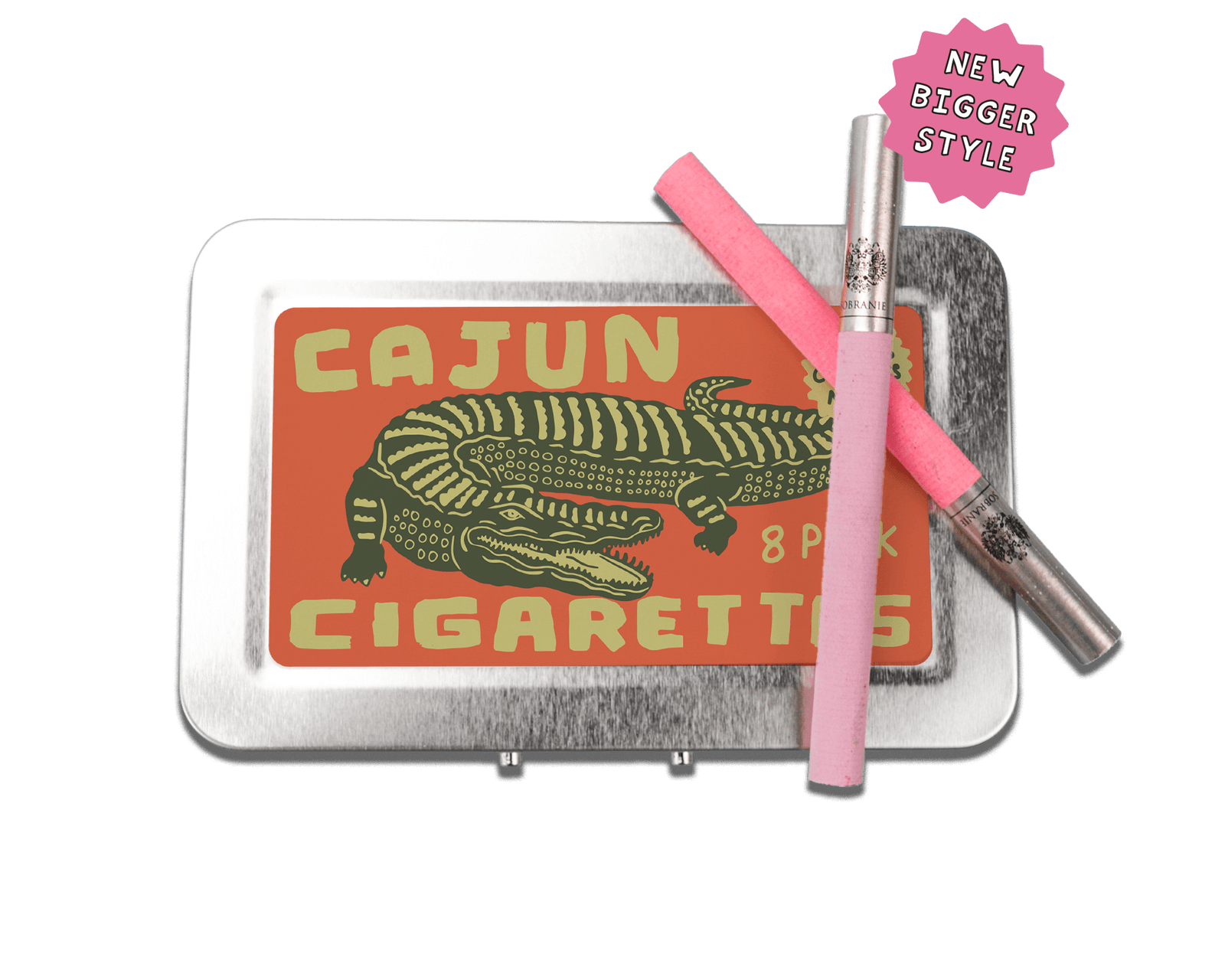 a tin of cigarettes with a pink sticker on top of it