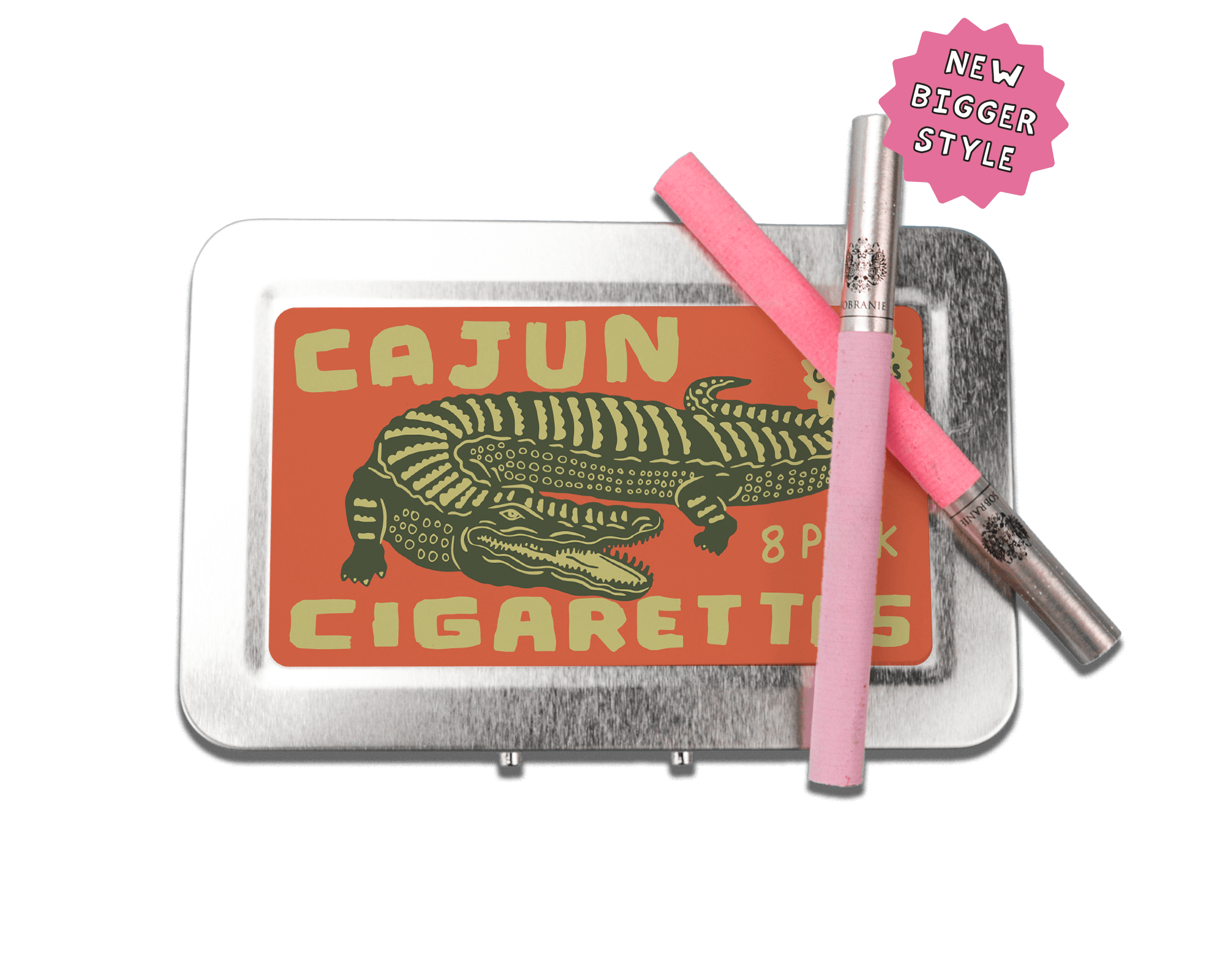 a tin of cigarettes with a pink sticker on top of it