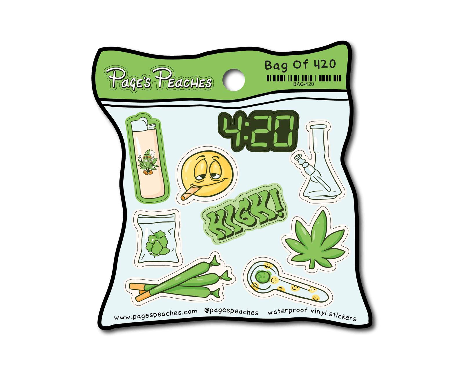 The image is a package of stickers featuring various items related to marijuana, such as a lighter, a pipe, a bag of weed, and a leafy green plant.