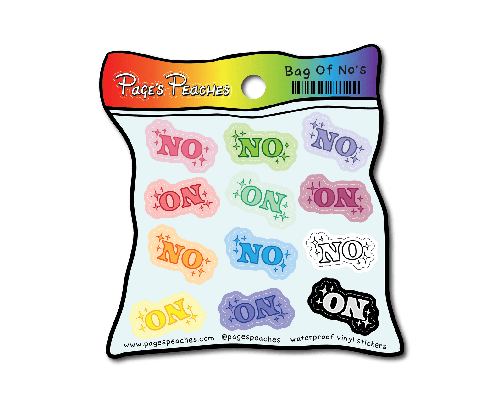 A package of colorful stickers with the word "NO" printed on them.