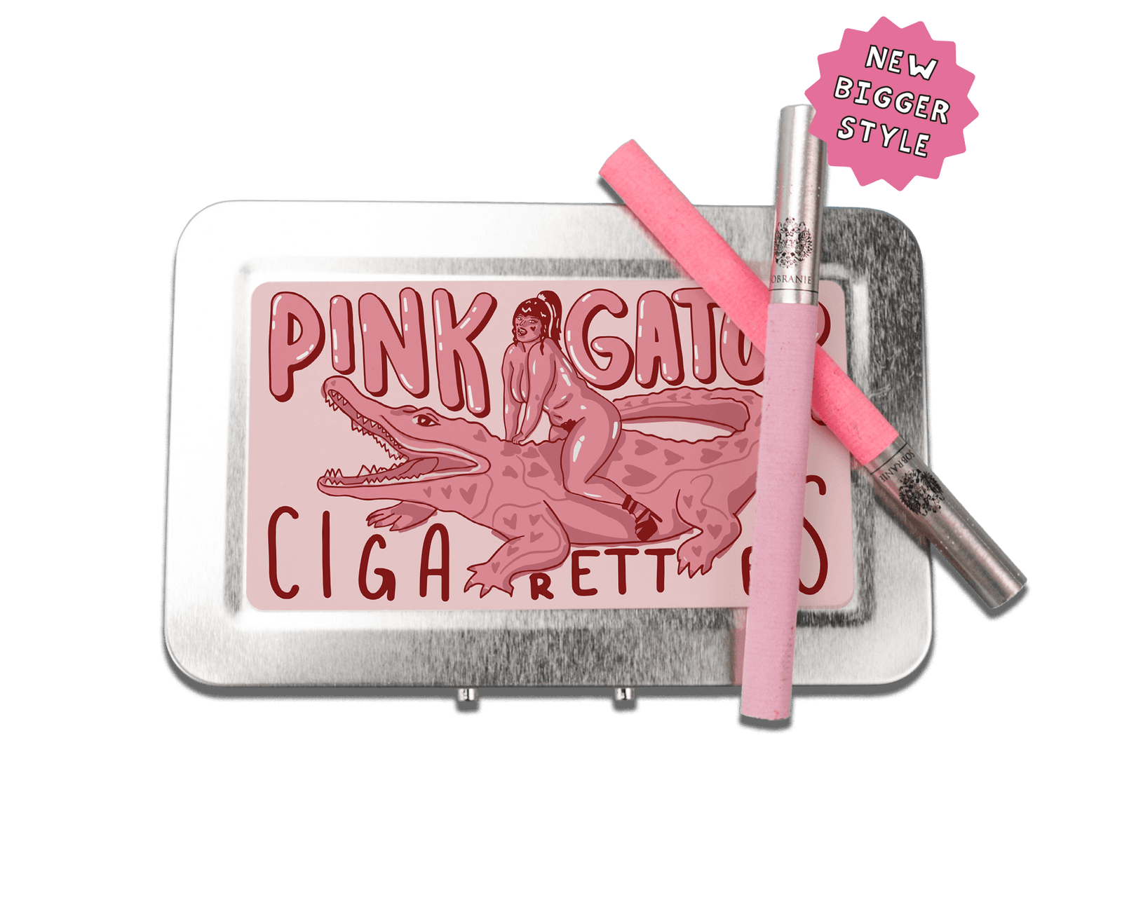 a tin with a pink sticker on it