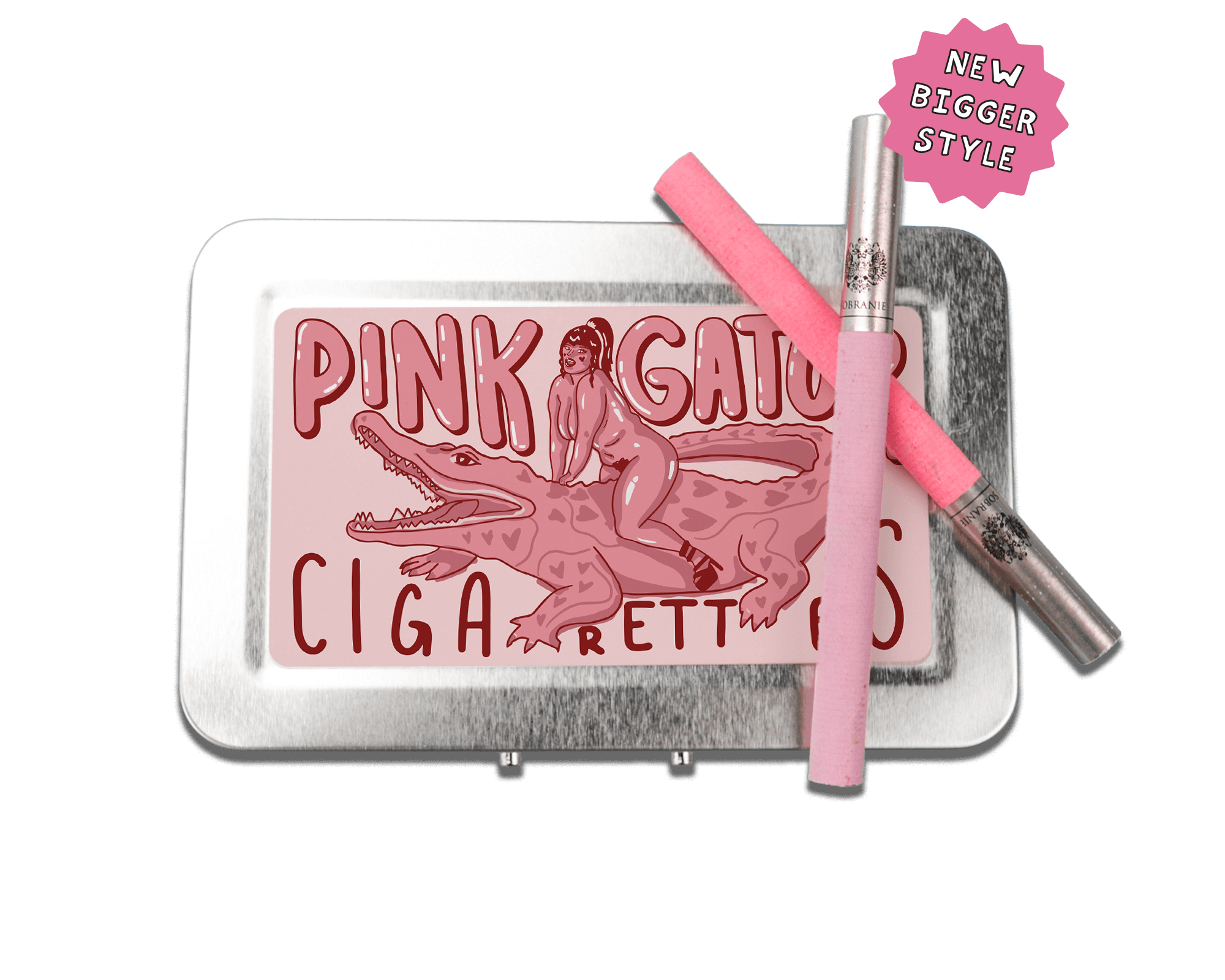 a tin with a pink sticker on it