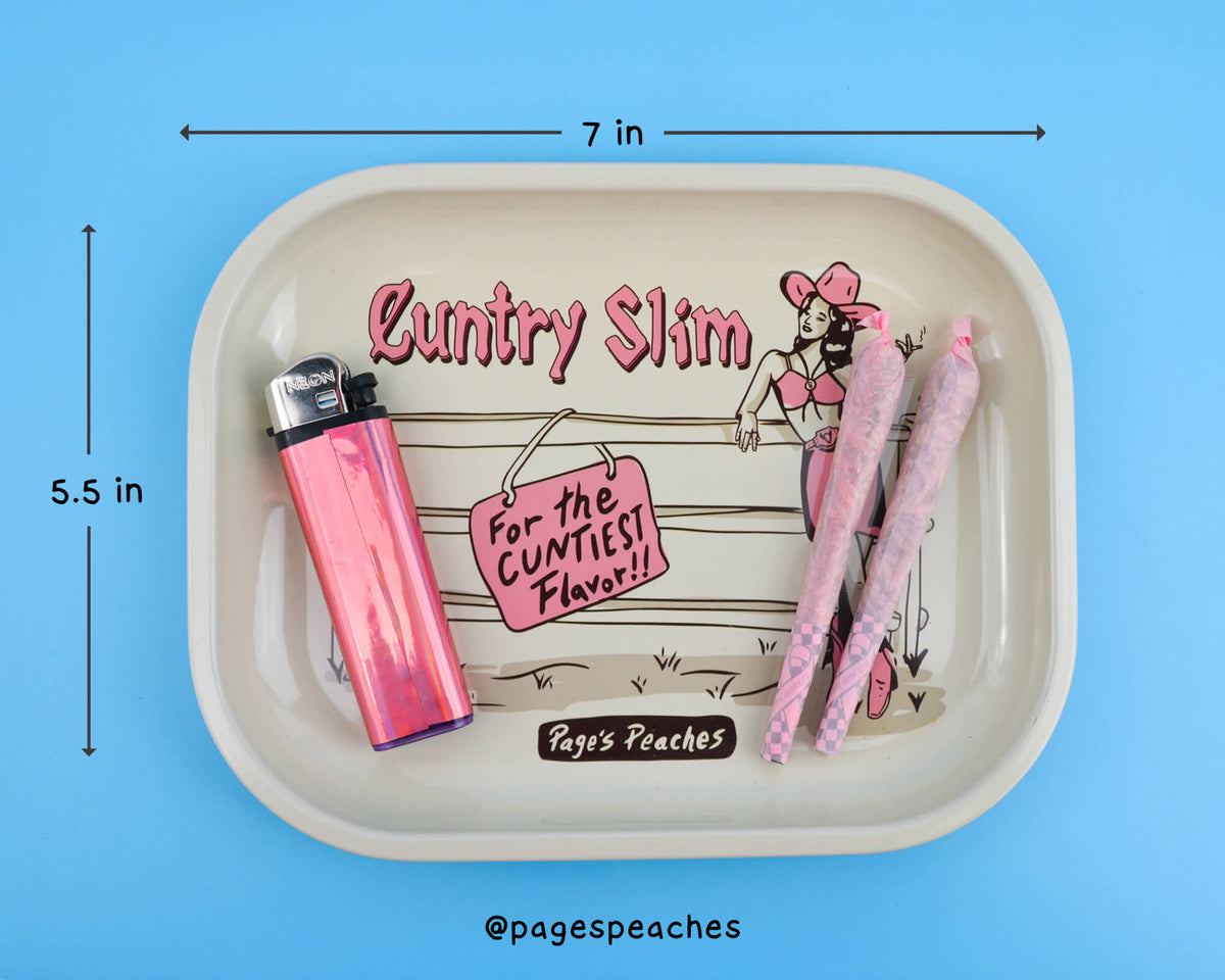 Compact metal tray with Western-themed artwork and bold text