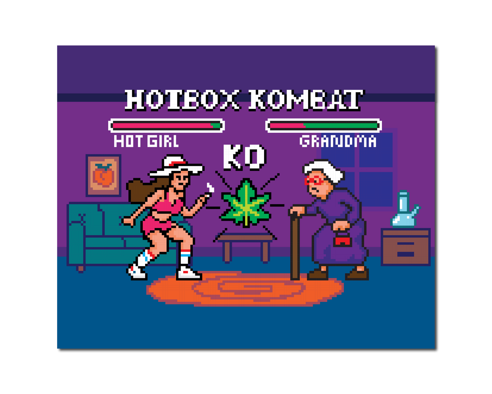 Pixel art print showing a video game-style fight scene between a hot girl and a grandma