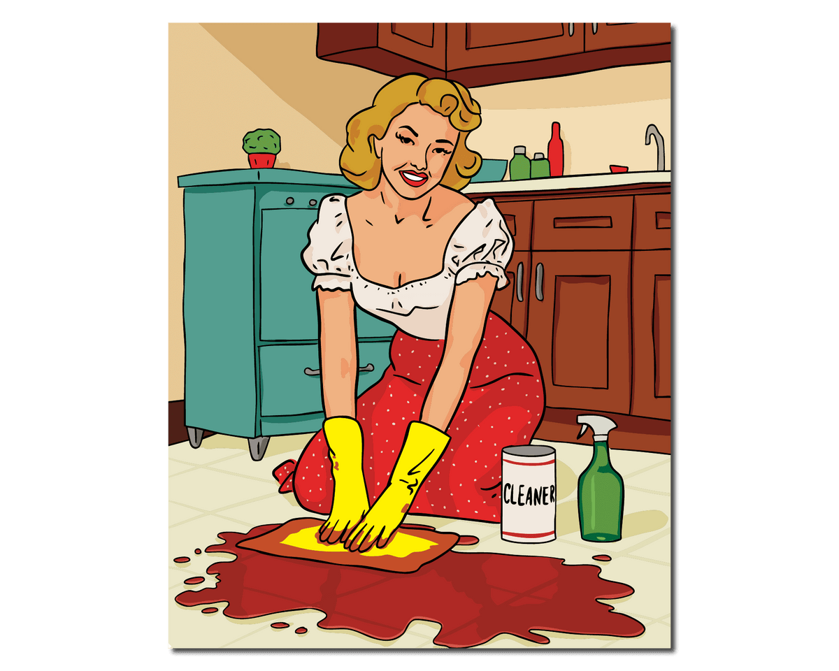 Illustration of retro-style housewife on kitchen floor scrubbing red liquid with yellow gloves