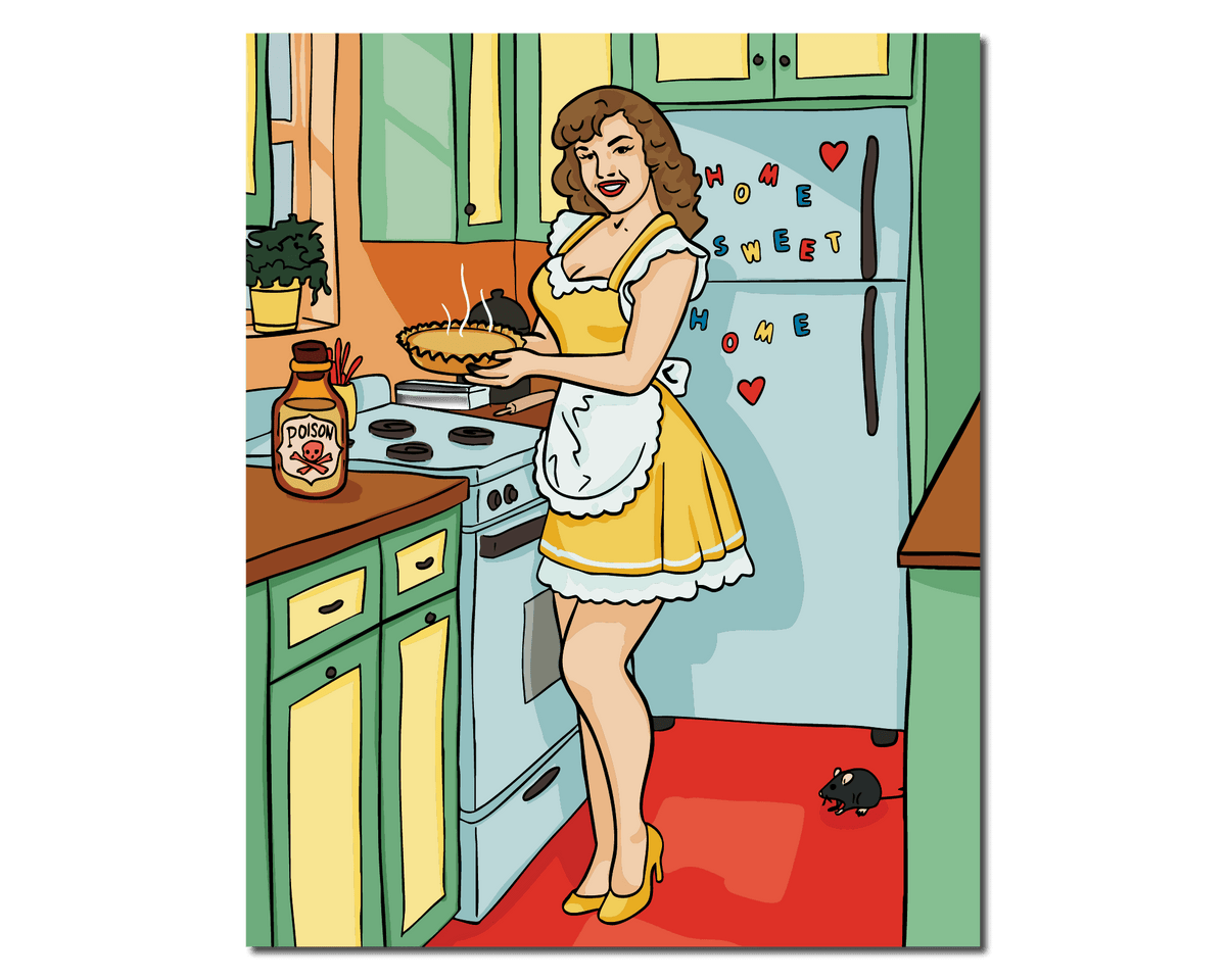 Retro-style illustration of a woman in yellow dress holding a pie in a colorful vintage kitchen