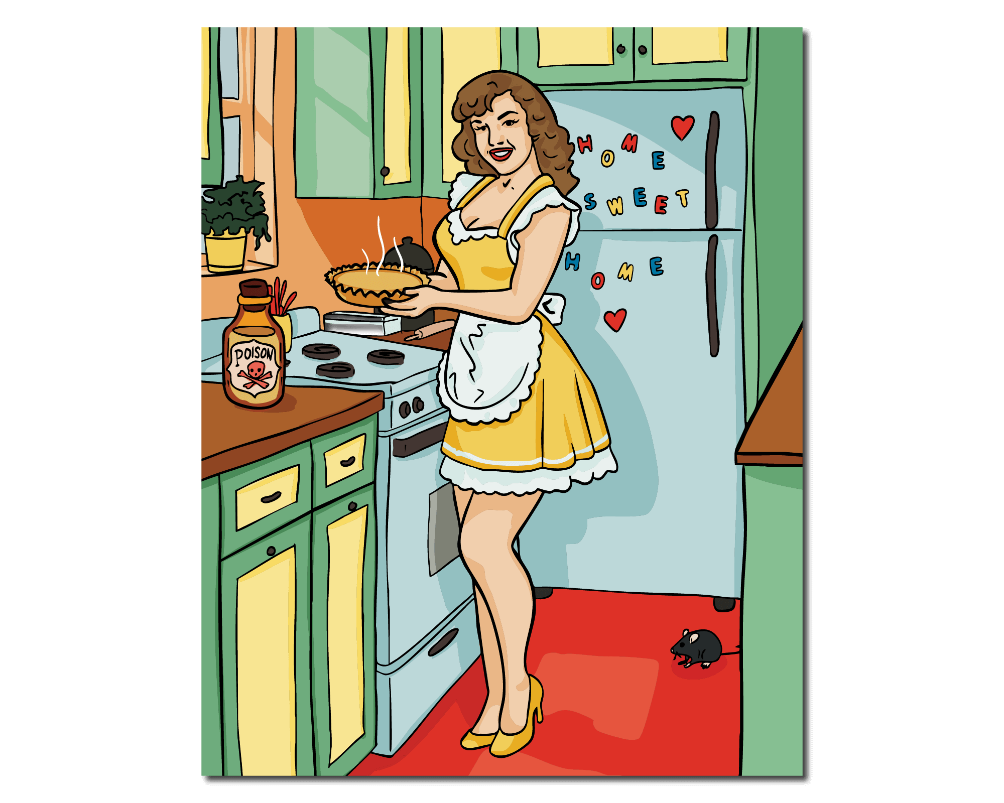 Retro-style illustration of a woman in yellow dress holding a pie in a colorful vintage kitchen