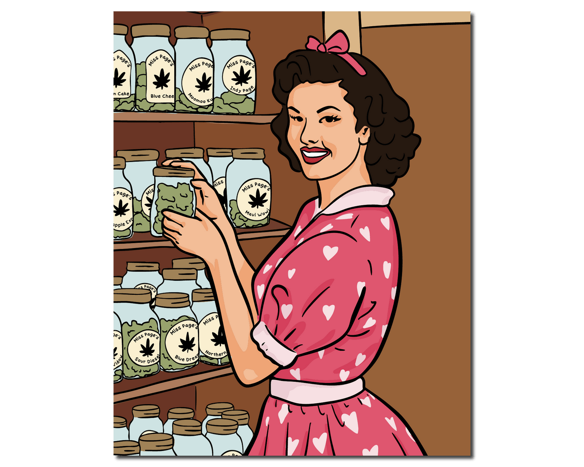 Retro-style illustration of smiling woman in pink heart dress holding a cannabis jar in front of pantry shelves