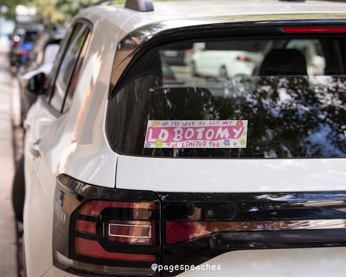 3 x 11.5 inch bumper sticker with flower doodles and early 2000s-style font