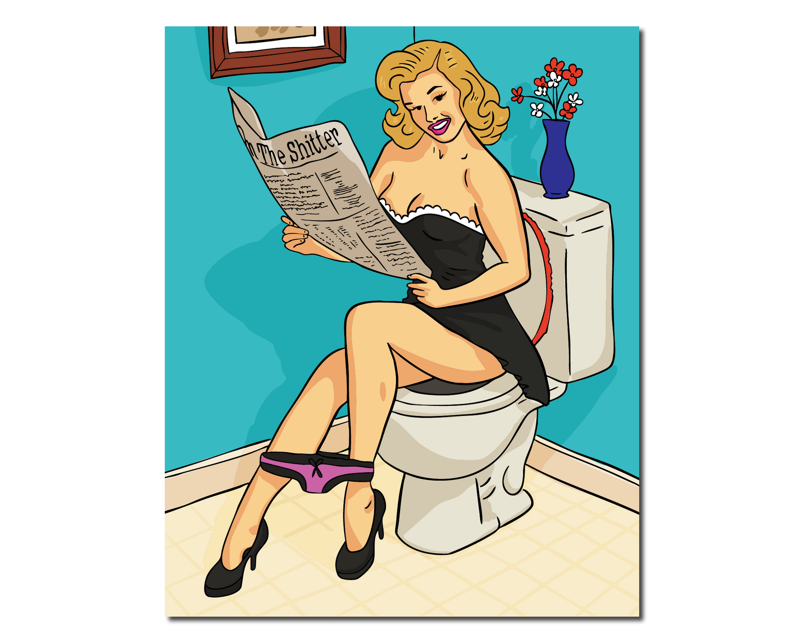Retro-style illustration of a woman in black dress sitting on a toilet reading a newspaper titled “The Shitter”