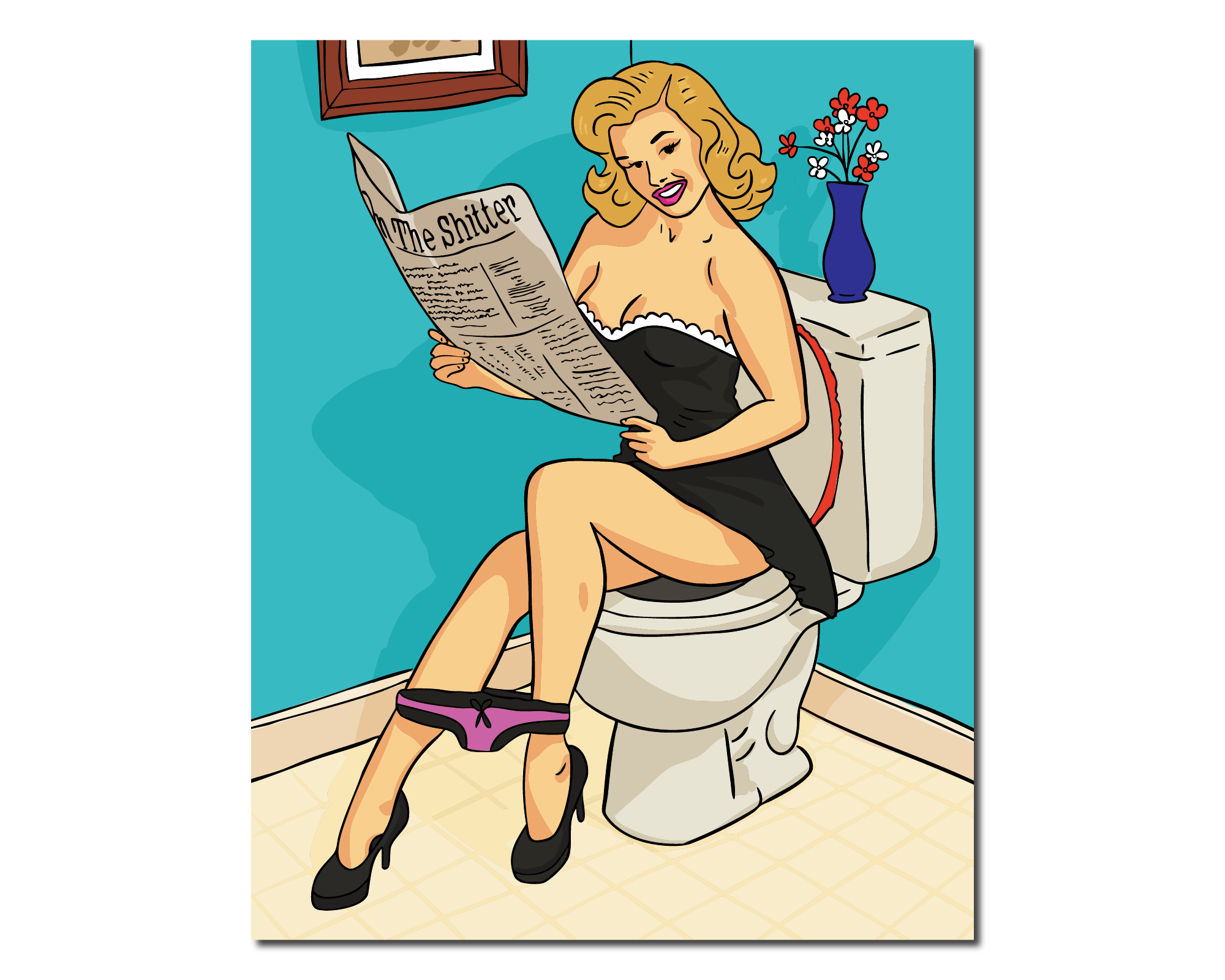 Retro-style illustration of a woman in black dress sitting on a toilet reading a newspaper titled “The Shitter”