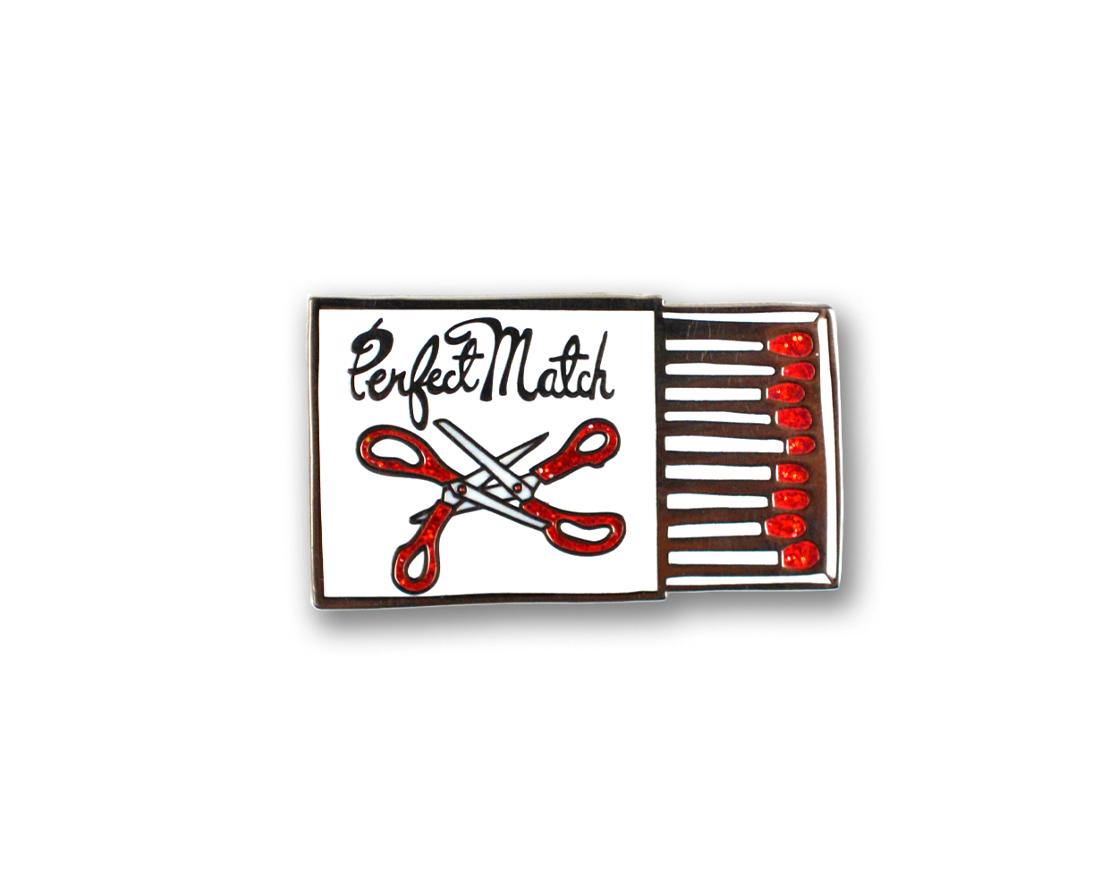 Matchbox-shaped enamel pin with scissors and 'Perfect Match' text on a white background