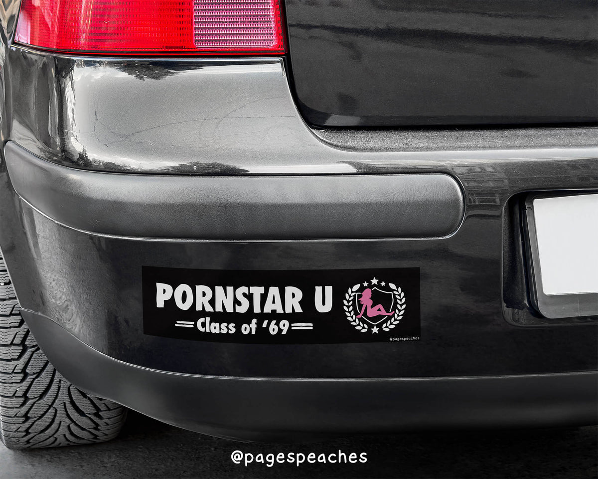 Magnet with the phrase “Pornstar U Class of &#39;69” in collegiate-style font