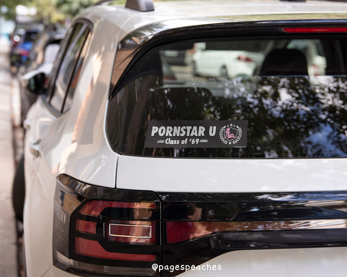 3 x 11.5 inch matte sticker with humorous fake university design