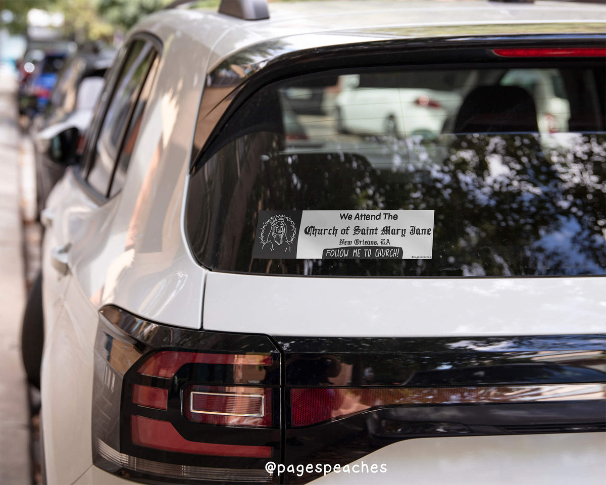 Bold weed-themed bumper sticker with religious iconography and stylized text