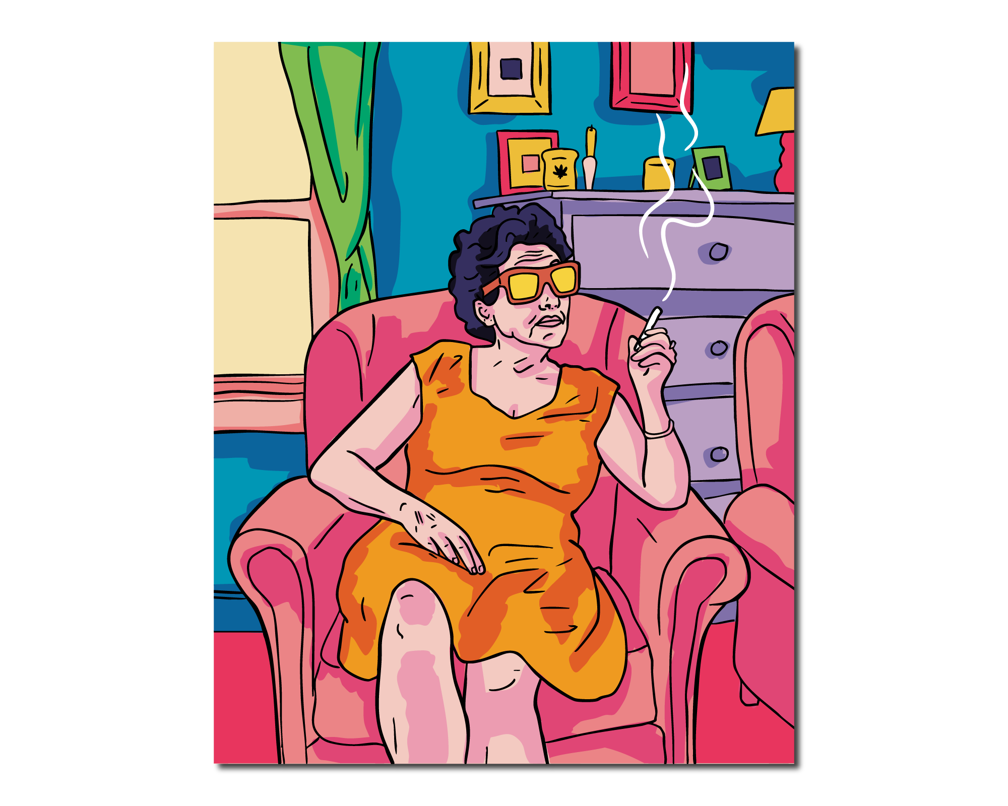 Illustration of an older woman in orange dress and sunglasses smoking while seated in a pink armchair