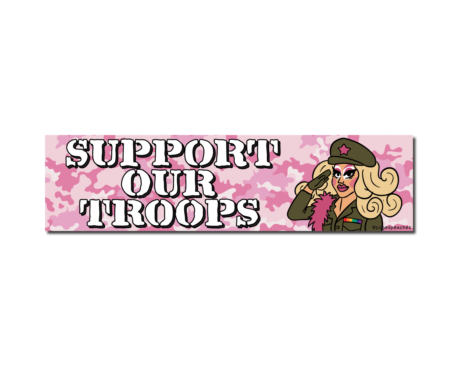 Bumper sticker reading “Support Our Troops” on a pink camo background