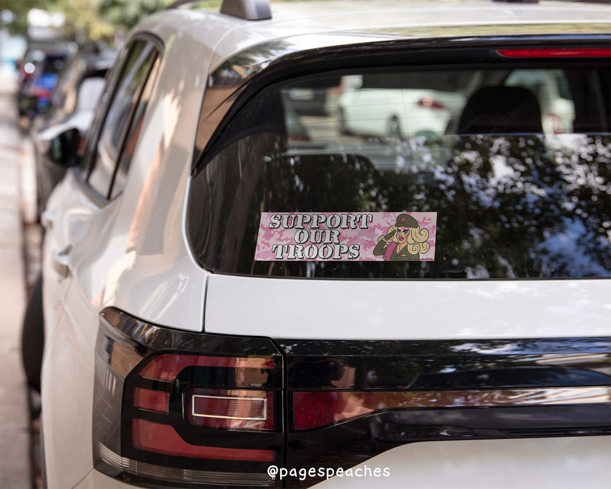 3 x 11.5 inch sticker parodying military support messages