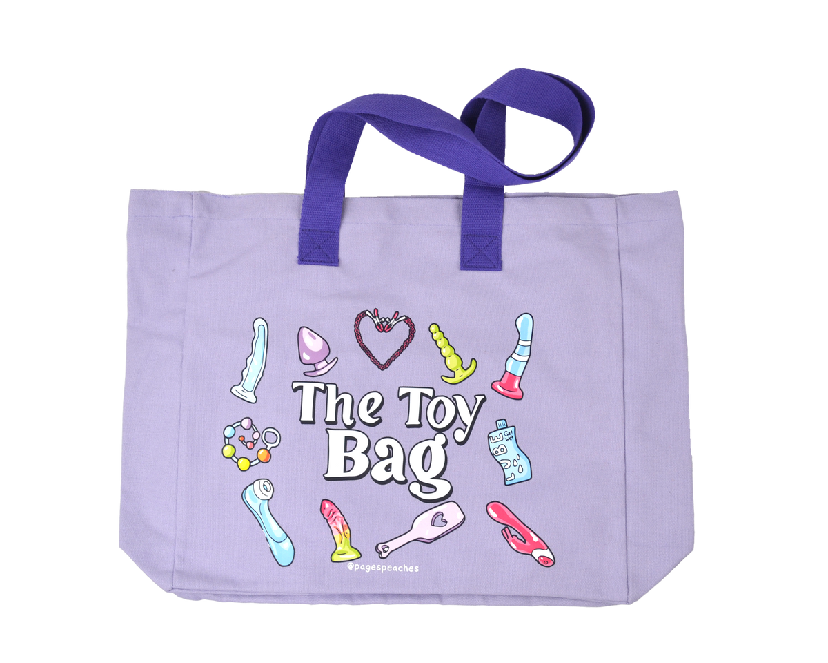 Purple tote bag with colorful illustrations and text on a white background