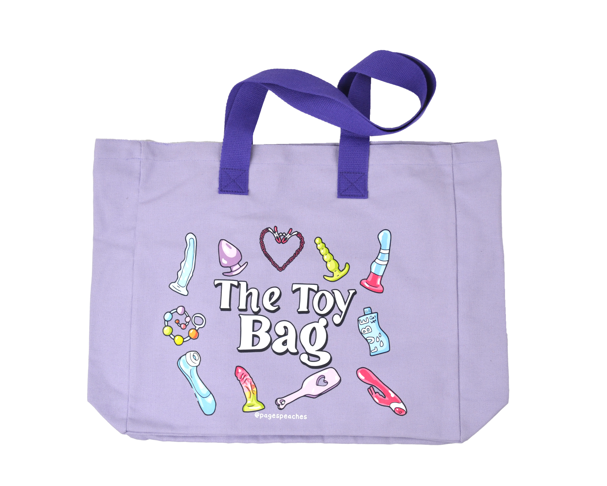 Purple tote bag with colorful illustrations and text on a white background