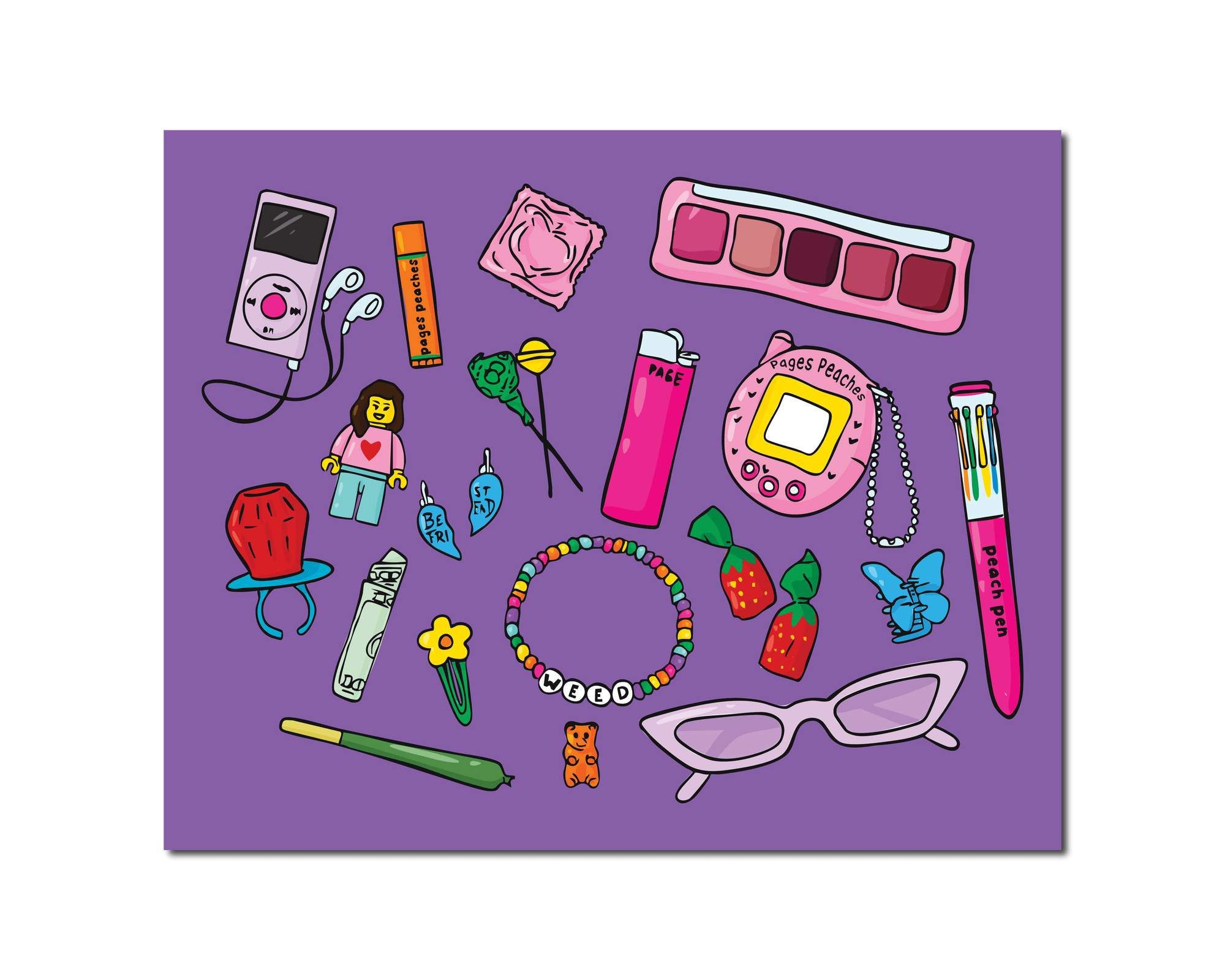 Art print featuring colorful hand-drawn trinkets on a purple background