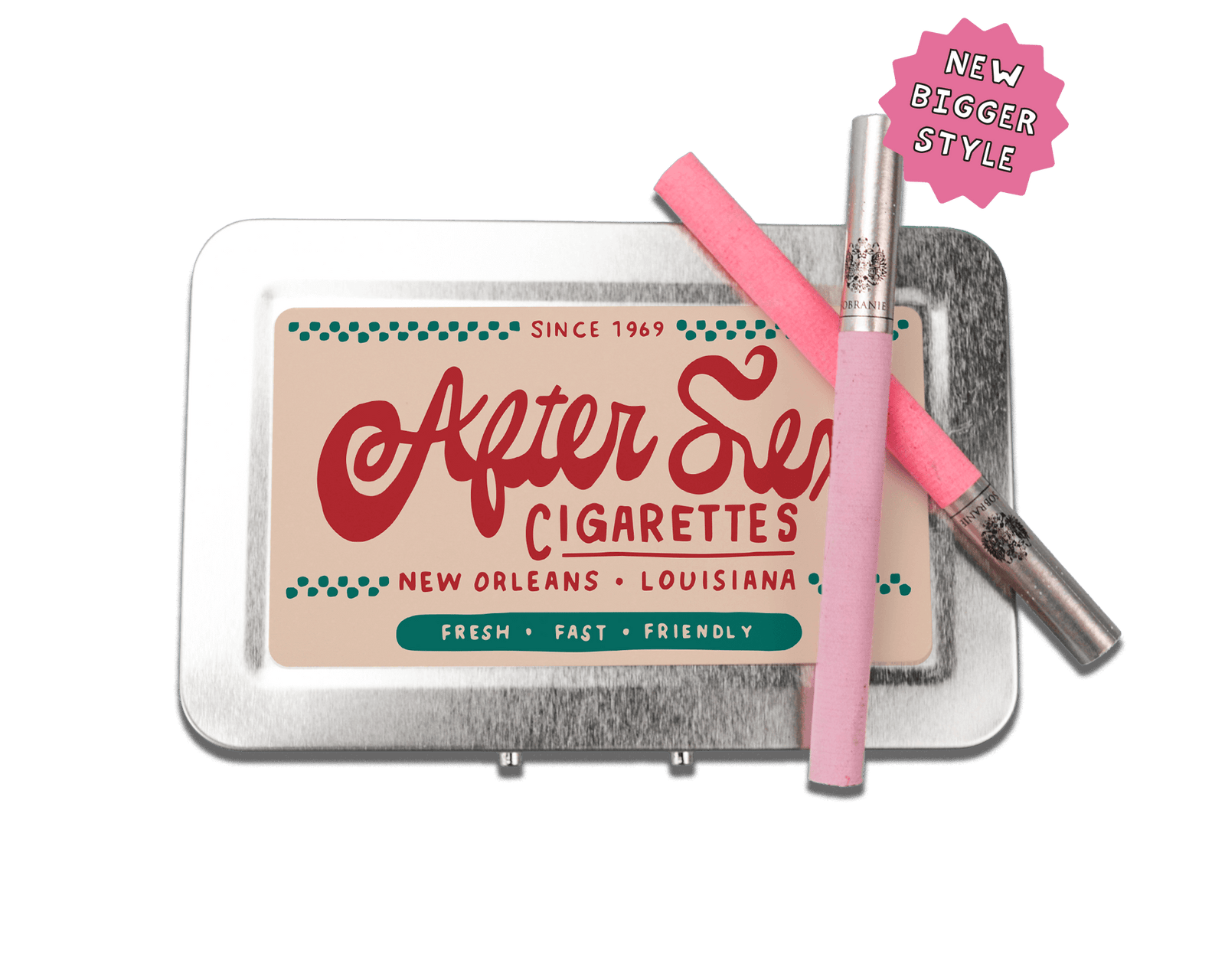 a small tin of cigarettes with a pink stick sticking out of it