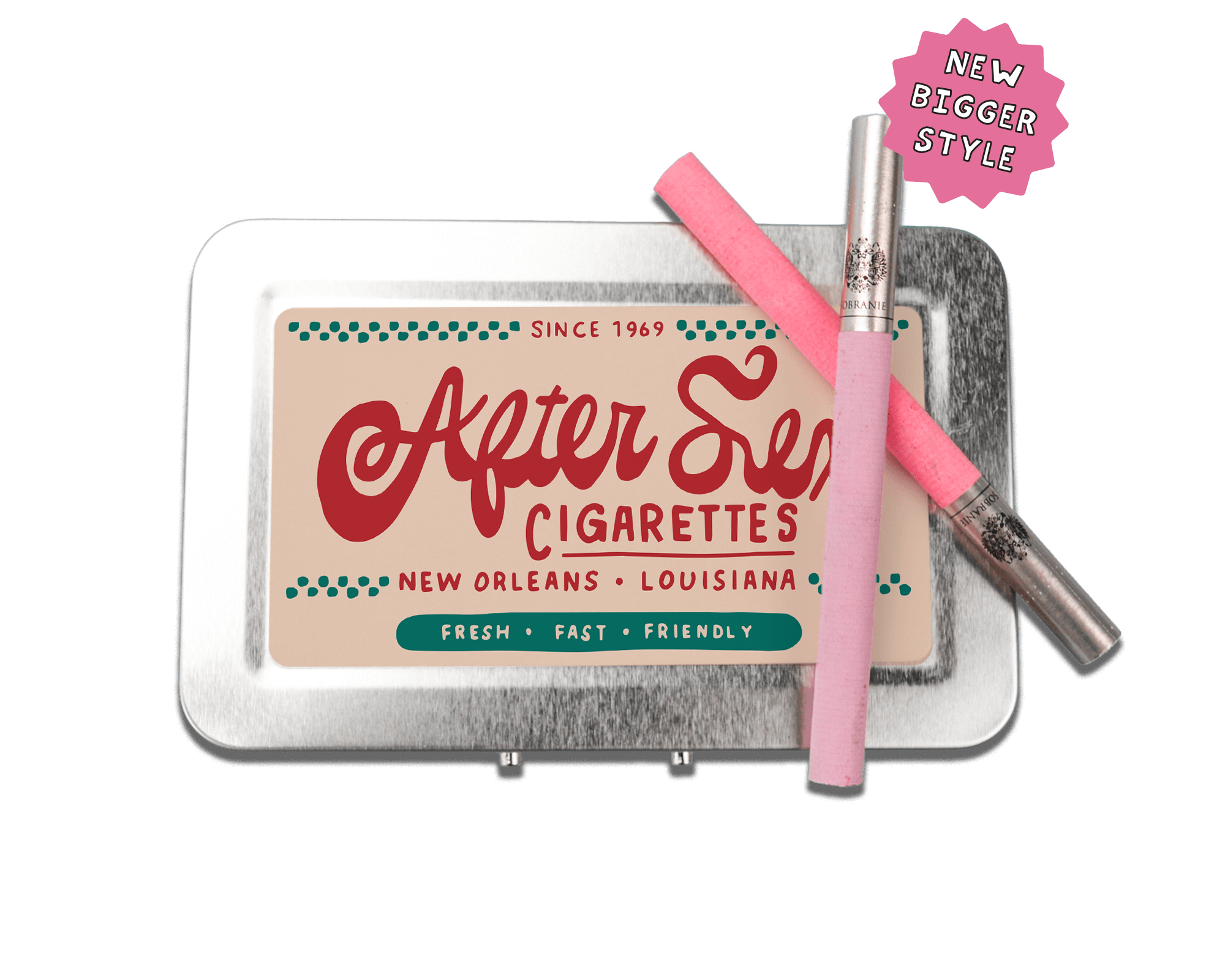 a small tin of cigarettes with a pink stick sticking out of it
