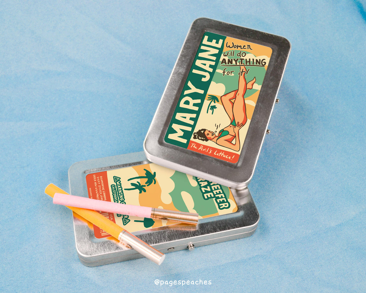 a tin of marvy jane matches sitting on a blue surface