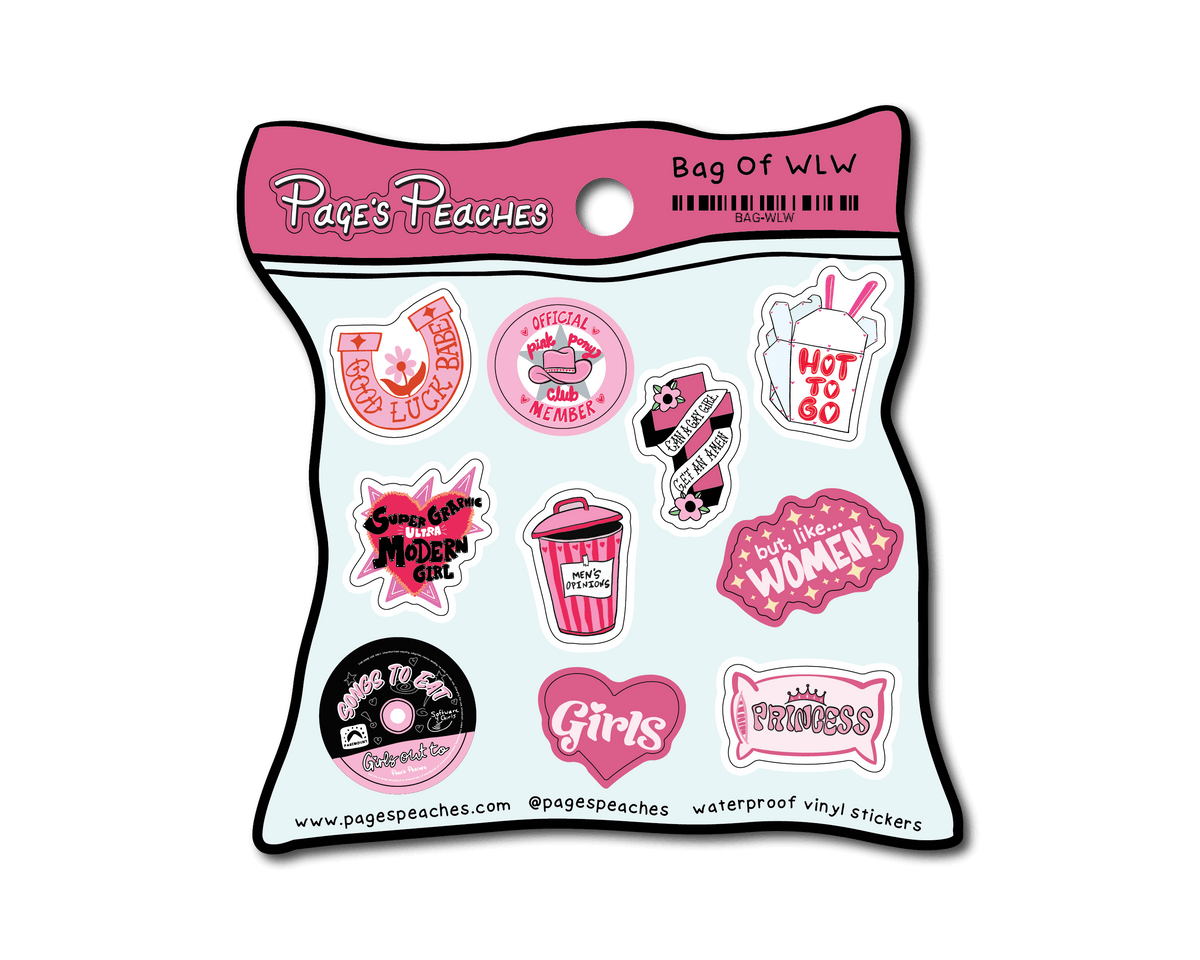 The image is a collection of various stickers with different designs and text, including phrases like "Page's Peaches", "Bag of WLW", and "but women".