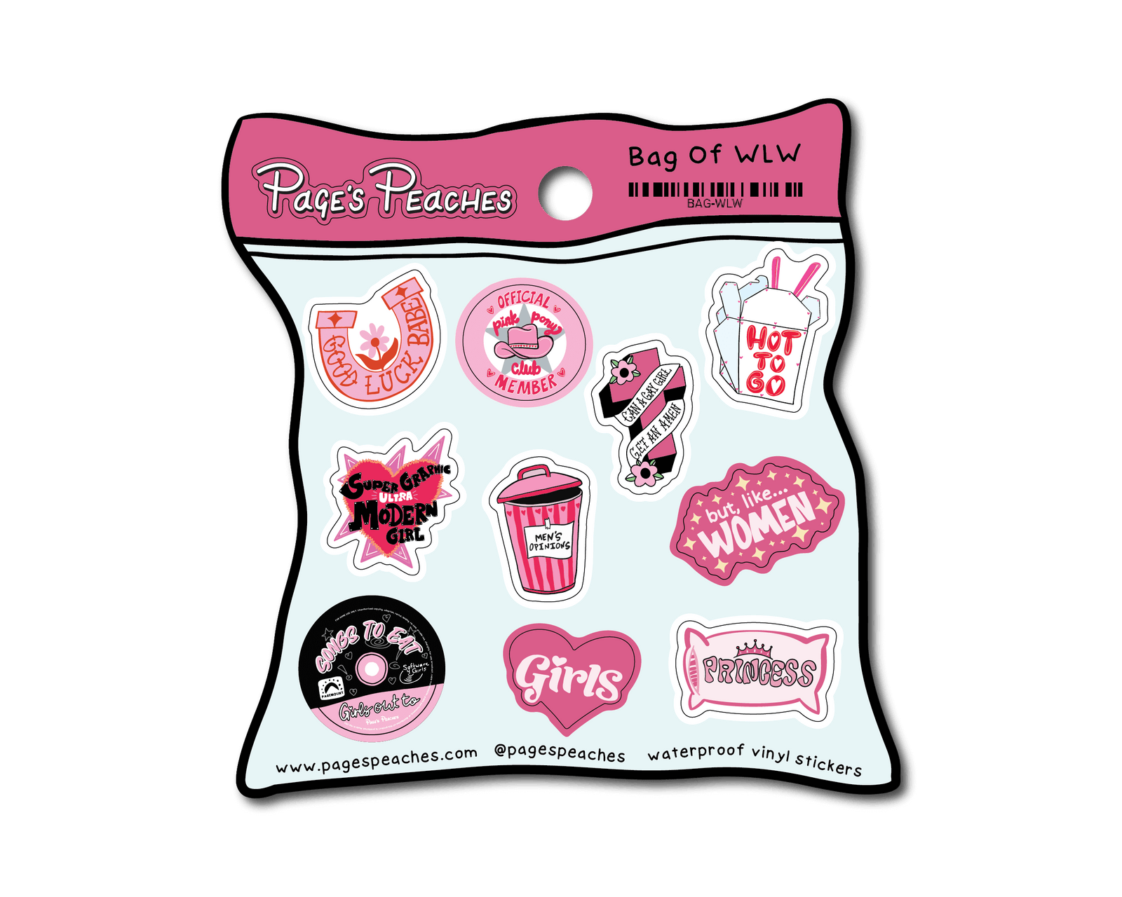 The image is a collection of various stickers with different designs and text, including phrases like "Page's Peaches", "Bag of WLW", and "but women".