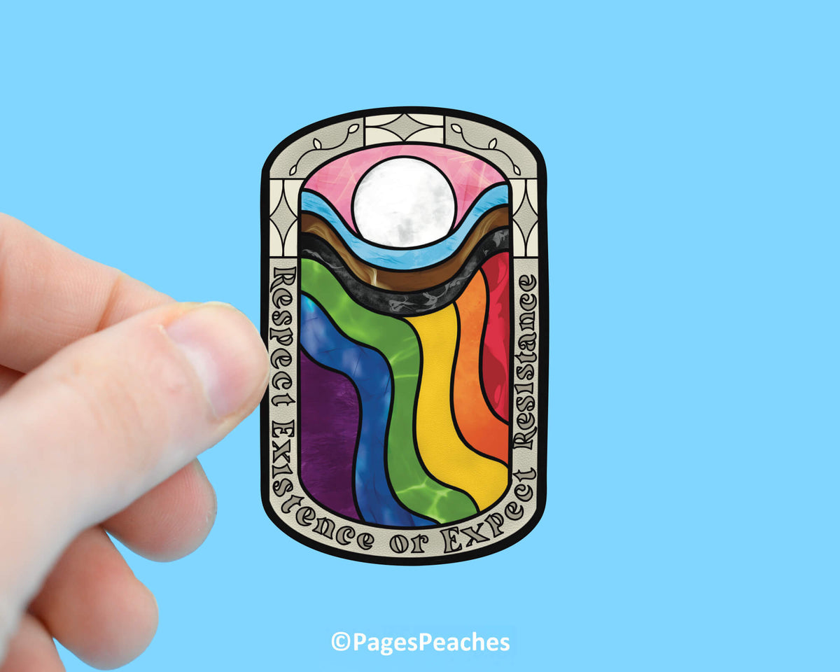 A hand is holding a colorful sticker with a rainbow design and the text &quot;Respect Existence or Expect Respect&quot; on a blue background.