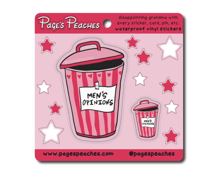 a pink sticker with a pink trash can and stars