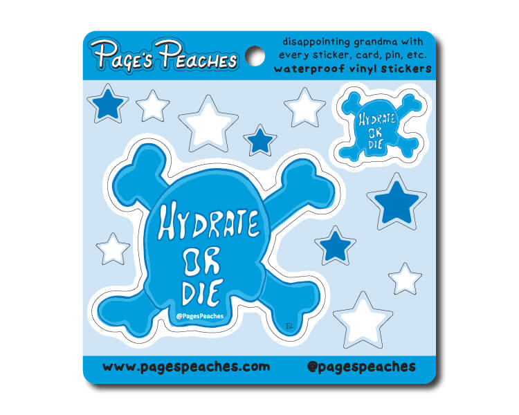 a blue sticker with stars and bones on it