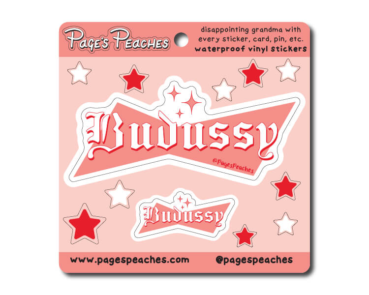 a sticker with the word budusy on it