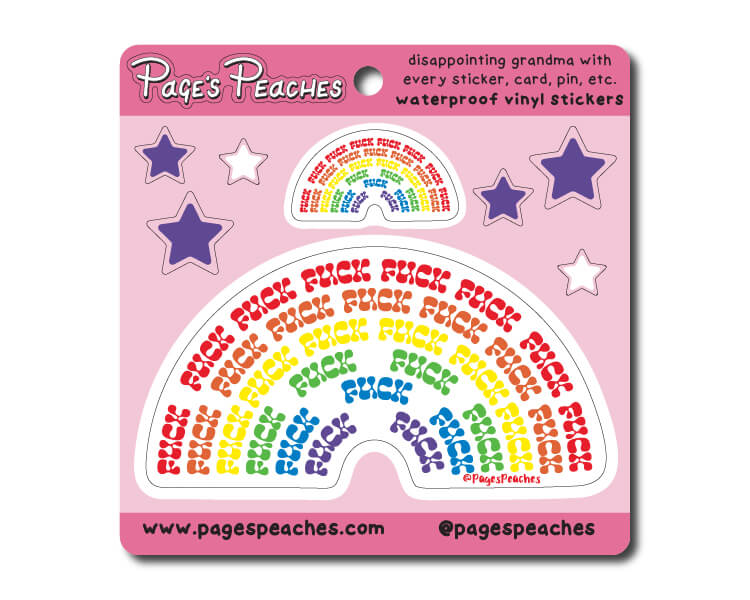 a sticker with a rainbow and stars on it