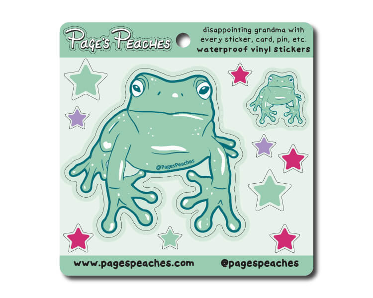 a sticker of a frog with stars on it