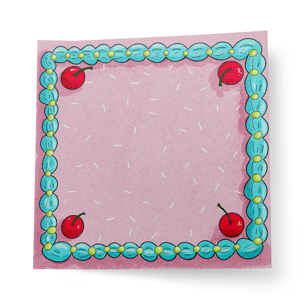A sticky note that looks like a cake with cherries