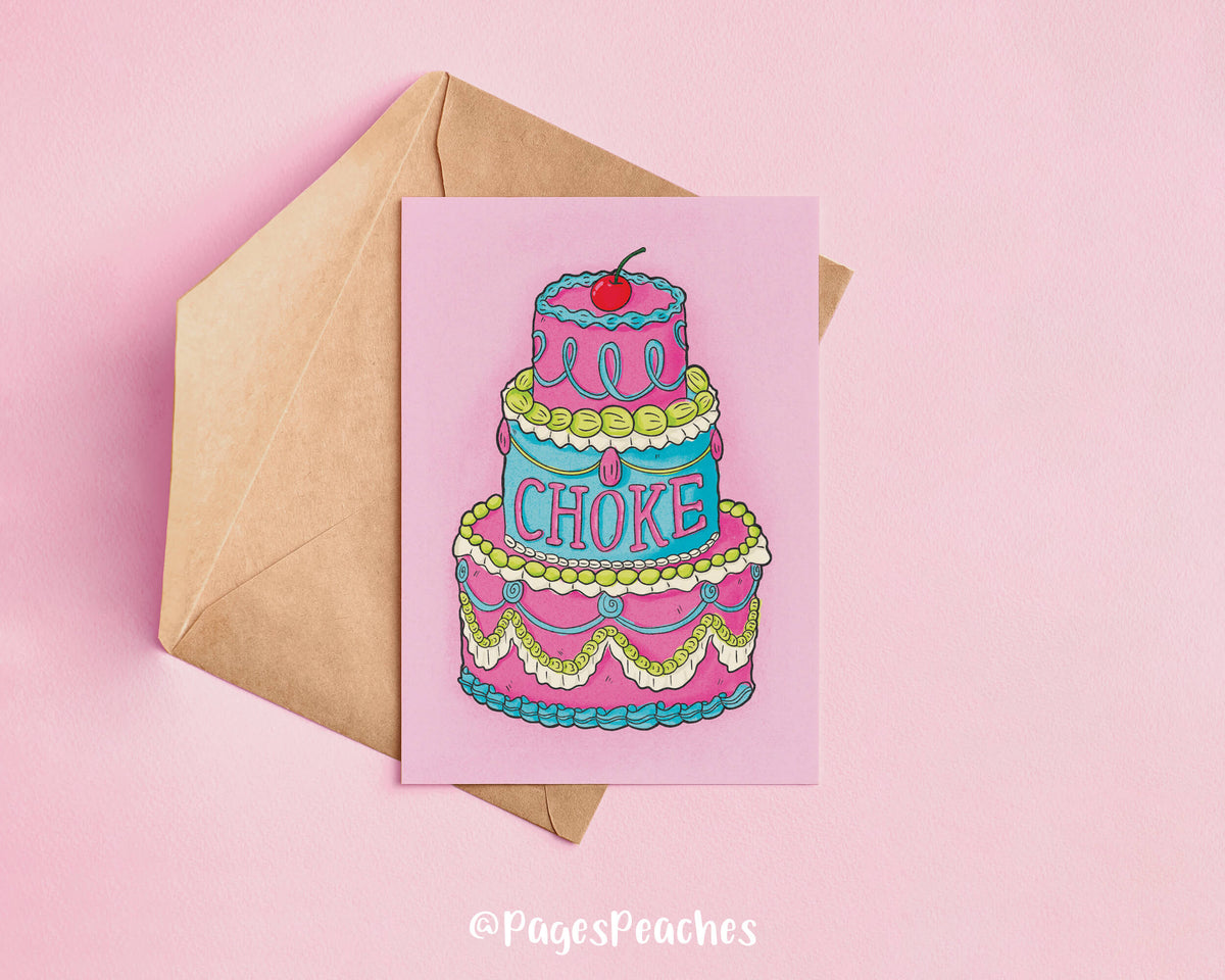 A card with a cake that says choke on top of a kraft envelope for a kinky gift