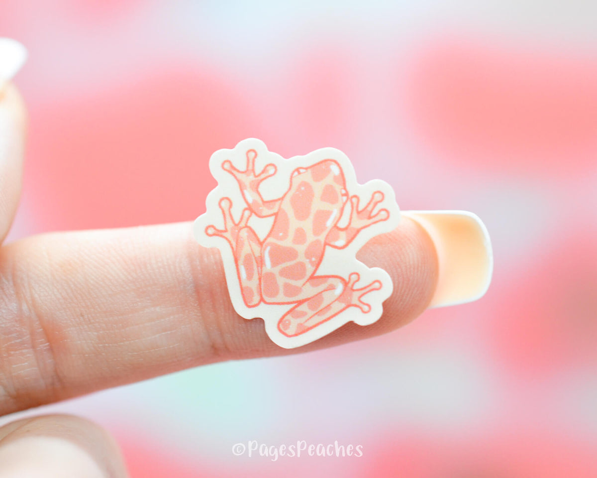 Small Sticker of an Orange Frog Stuck to a finger