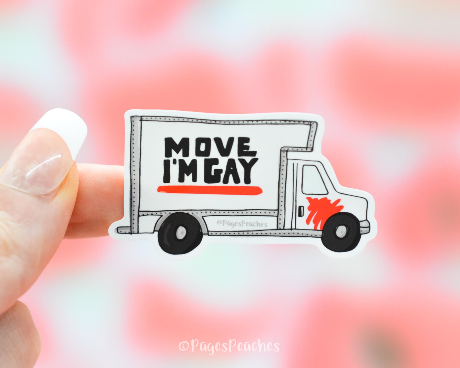 Sticker of a UHaul truck that says move I'm gay for the Uhaul Lesbians