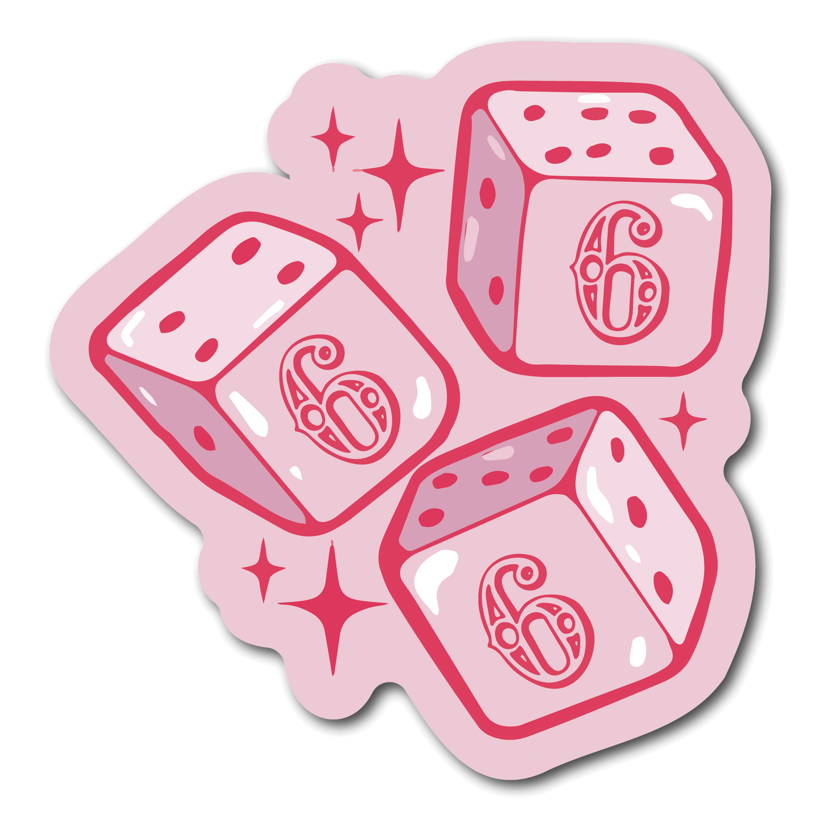 Small Pink waterproof Sticker of 3 Dice with the number 666 on them for phone case or water bottle