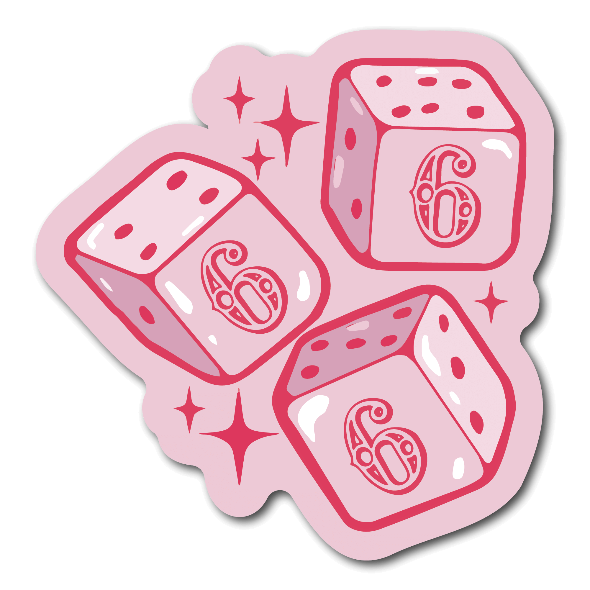 Small Pink waterproof Sticker of 3 Dice with the number 666 on them for phone case or water bottle