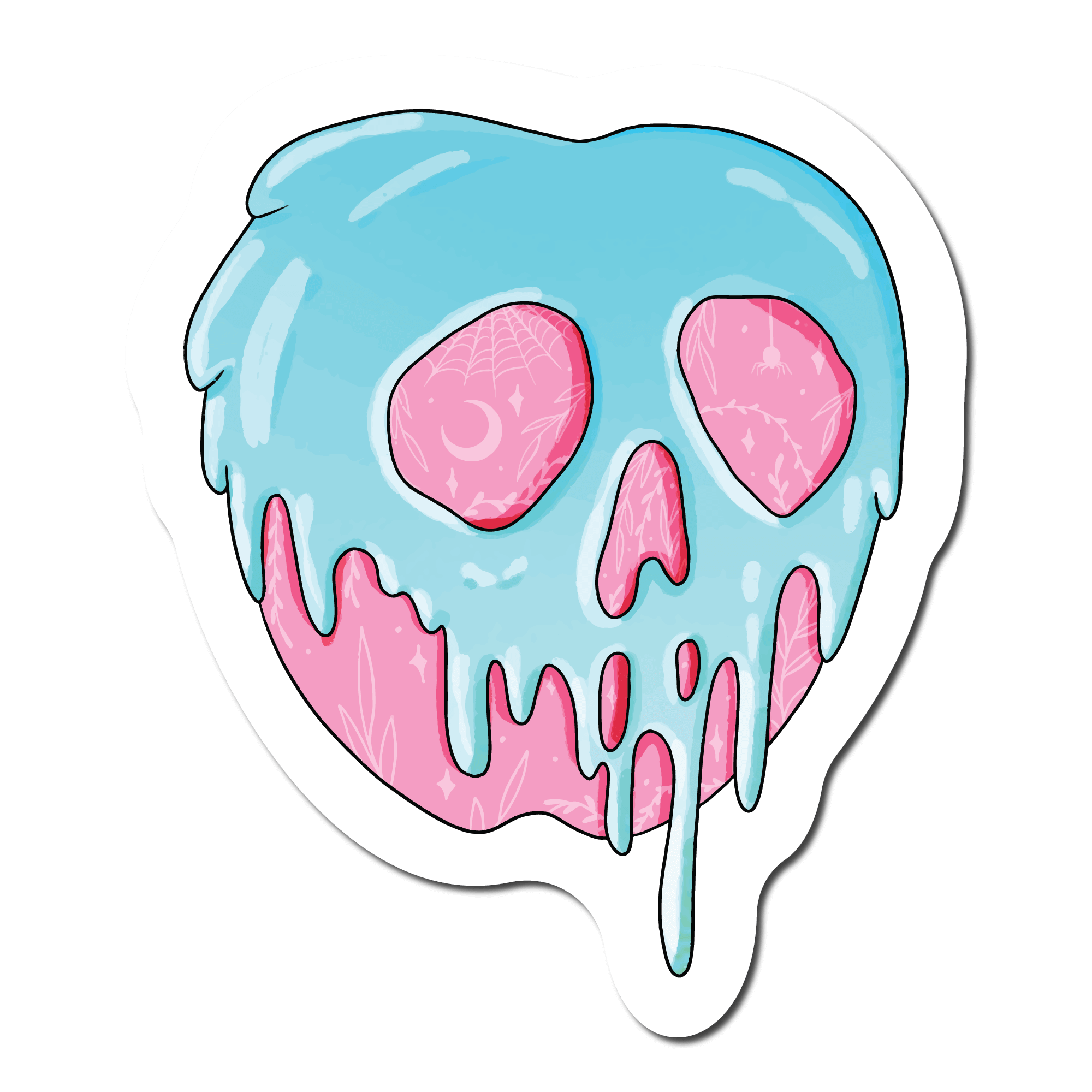 Small Waterproof Sticker of a Pink Apple with Blue goo dripping over it for a phone case or water bottle